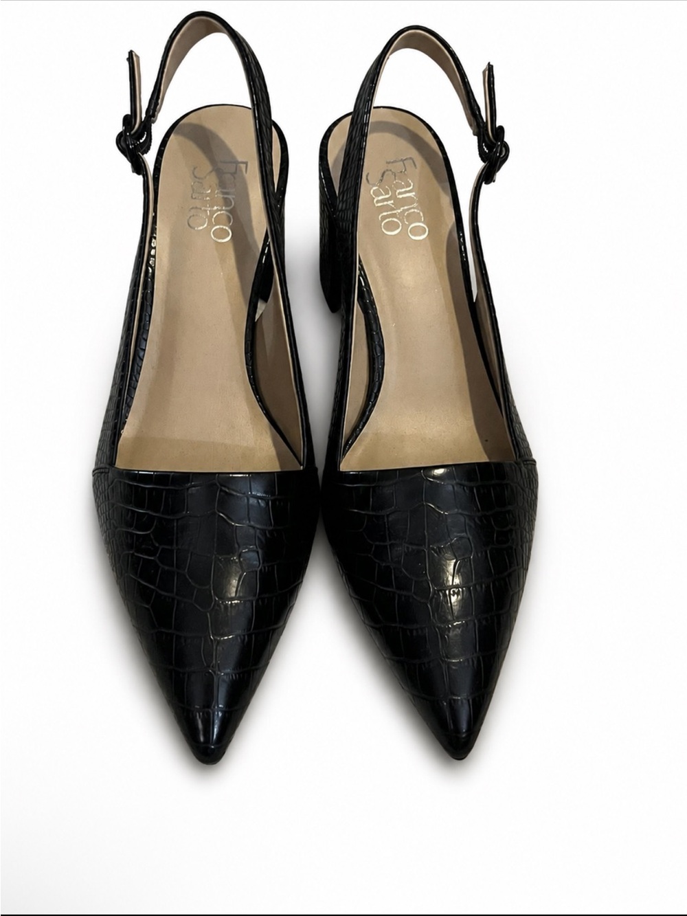 Franco Sarto Black Croc Embossed Pointed-Toe Slingback Heels Size 9.5